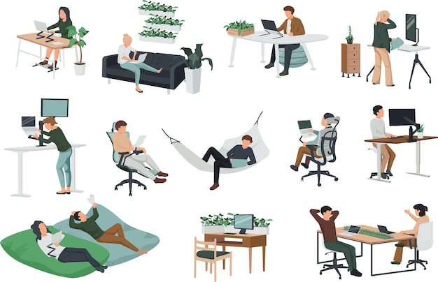 Free Vector flat icons set with people and their contemporary workspace isolated on white background vector illustration