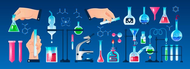 Flat icons set with various laboratory equipment and human hands holding flask tube isolated on white background vector illustration