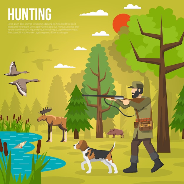 Free Vector flat icons with hunter aiming at ducks