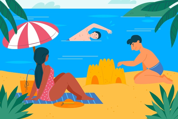 Flat illustrated summer scene with beach