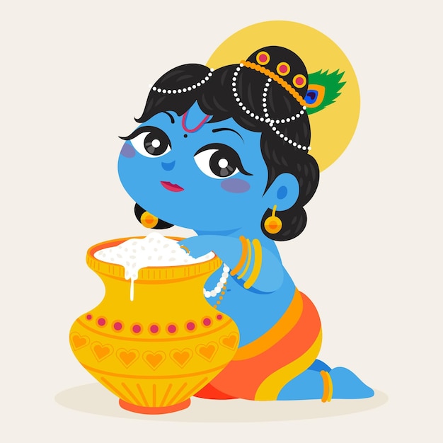 Free vector flat illustration of baby krishna eating butter