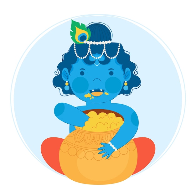 Free vector flat illustration of baby krishna eating butter