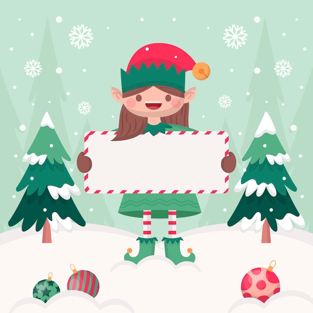 Flat illustration of christmas character holding blank banner