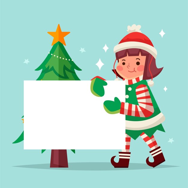 Flat illustration of christmas character holding blank banner