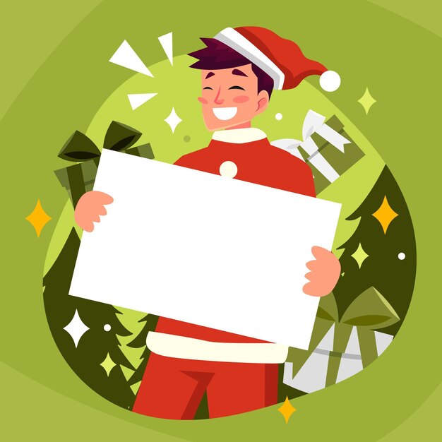 Flat illustration of christmas character holding blank banner