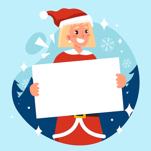 Flat illustration of christmas character holding blank banner