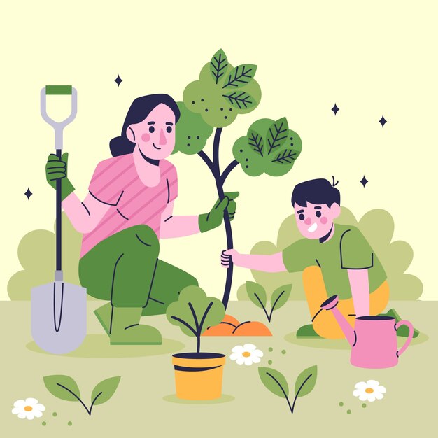 Flat illustration for earth day celebration with people planting