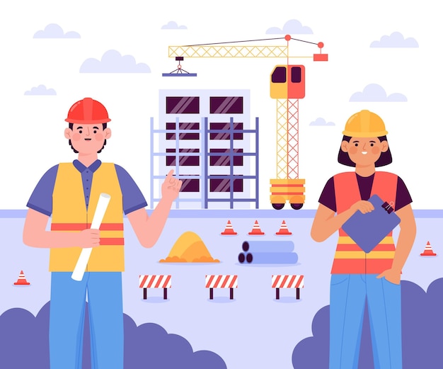 Flat illustration engineers working on construction