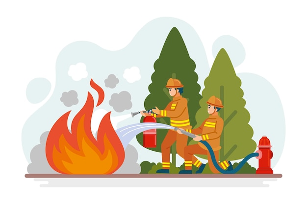 Flat illustration of firefighters putting out a fire