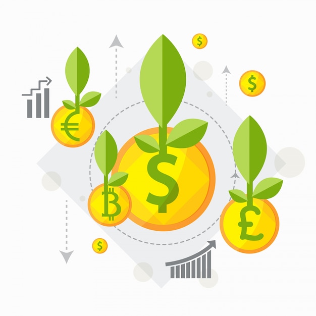  Flat illustration of growing green plants from golden coins for Business Investment and Growth concept. 