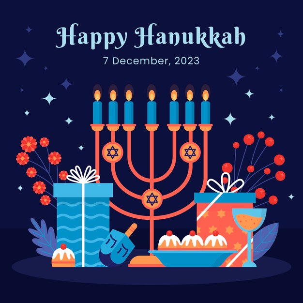 Flat illustration for hanukkah celebration with menorah and presents