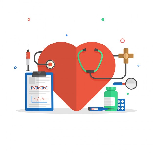  Flat illustration of heart with stethoscope, prescription pad and medicines for Medical concept. 