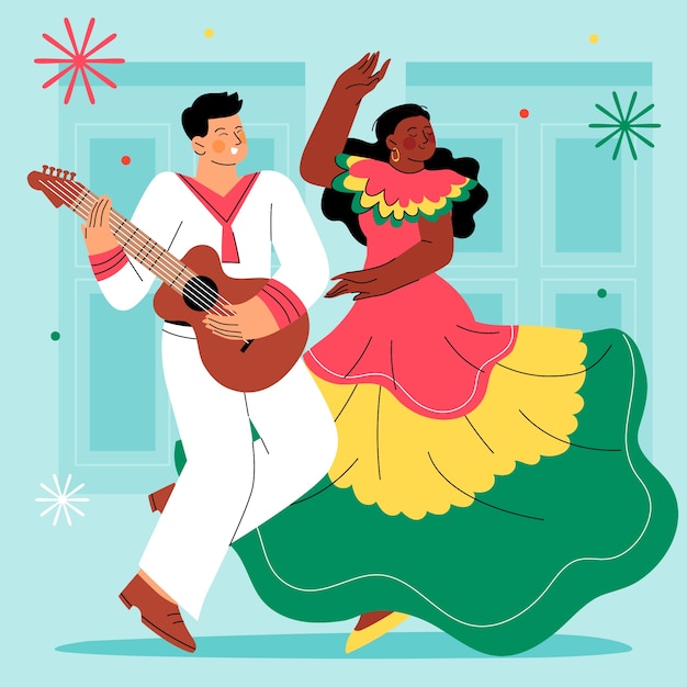 Free Vector flat illustration for independencia de cartagena with woman dancing and man playing guitar