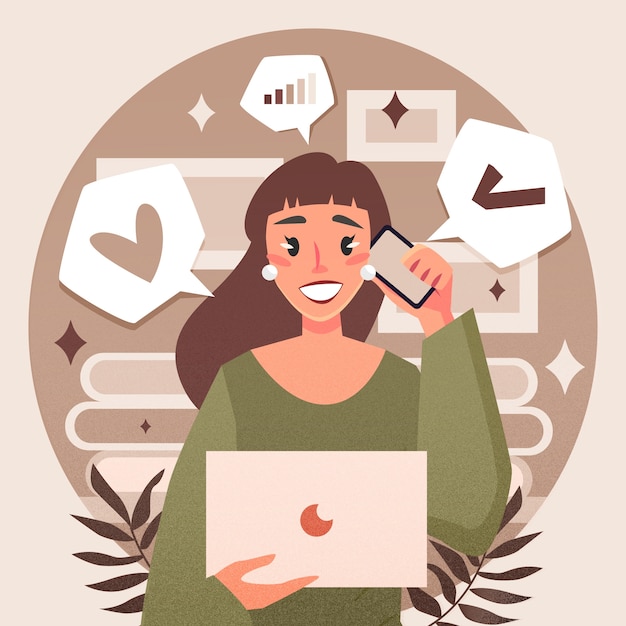 Flat illustration of iranian woman with laptop and smartphone on social media