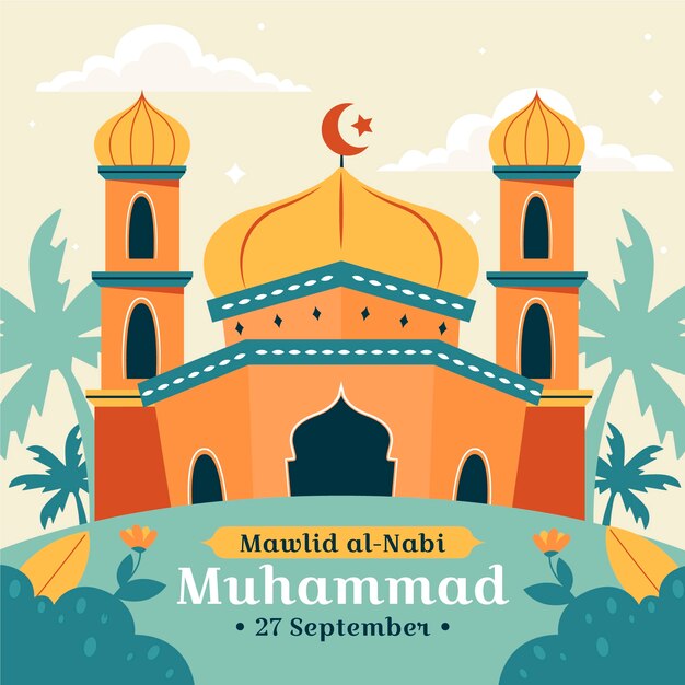 Flat illustration for islamic mawlid al-nabi holiday celebration