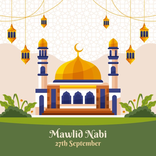 Flat illustration for islamic mawlid al-nabi holiday celebration