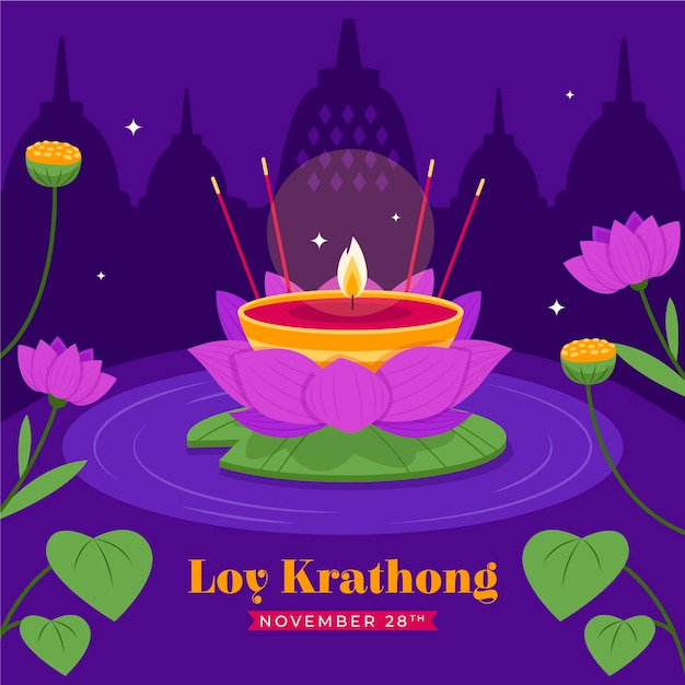 Free Vector flat illustration for loy krathong celebration with candle on lotus flower