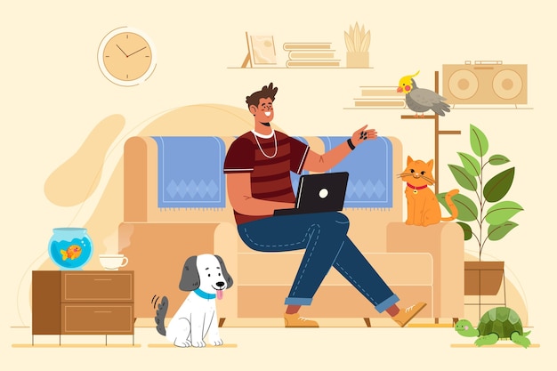 Free Vector flat illustration man with pets indoors