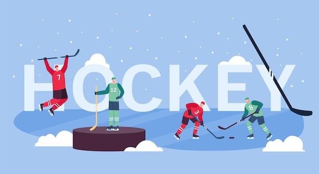 Free Vector flat illustration of men playing ice hockey. players in sports outfits on ice field. hockey symbol on. web landing page. team winter sport concept