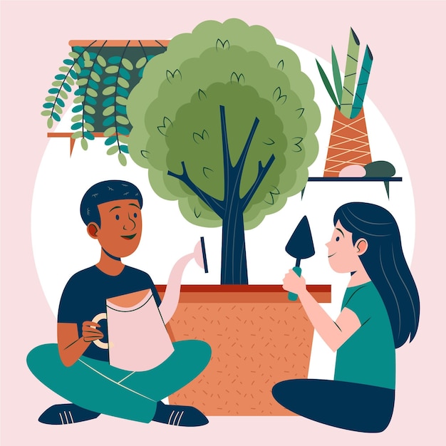 Flat illustration people taking care of plants