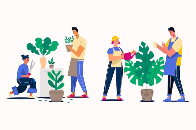 Free vector flat illustration of people taking care of plants