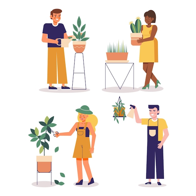 Free vector flat illustration of people taking care of plants