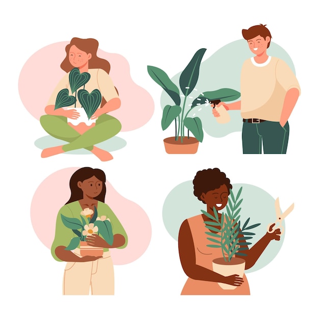 Flat illustration of people taking care of plants