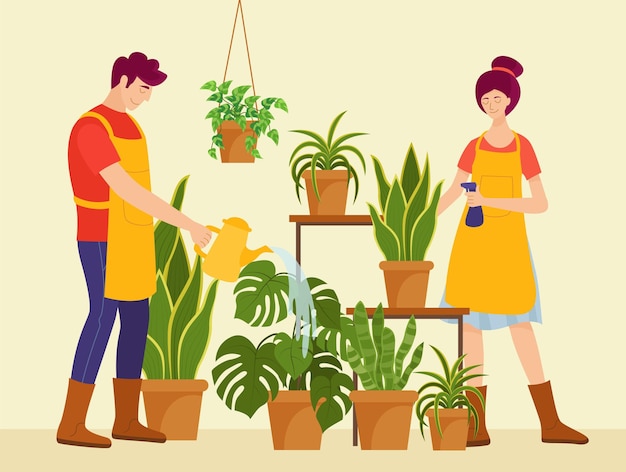 Flat illustration of people taking care of plants