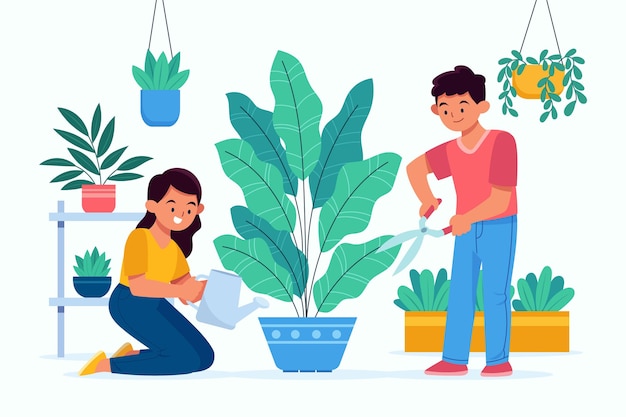 Flat illustration of people taking care of plants