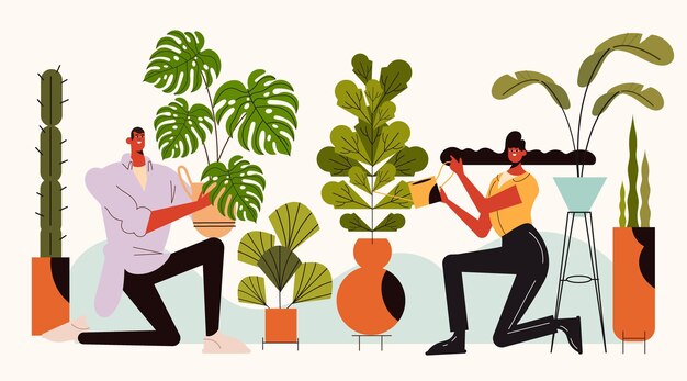 Flat illustration of people taking care of plants