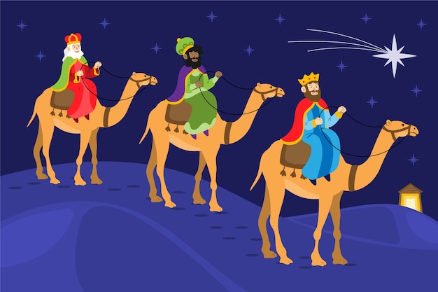 Free Vector flat illustration of reyes magos arriving to the nativity scene