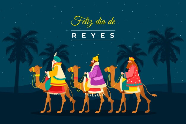 Flat illustration of reyes magos arriving to the nativity scene