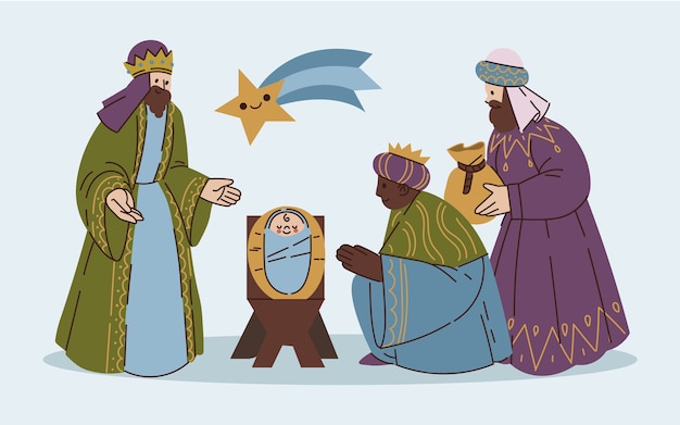 Free vector flat illustration of reyes magos arriving to the nativity scene