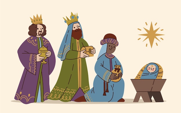 Flat illustration of reyes magos arriving to the nativity scene