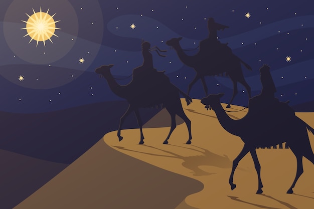 Free vector flat illustration of reyes magos arriving to the nativity scene