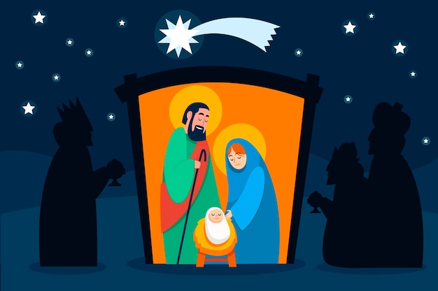 Flat illustration of reyes magos arriving to the nativity scene