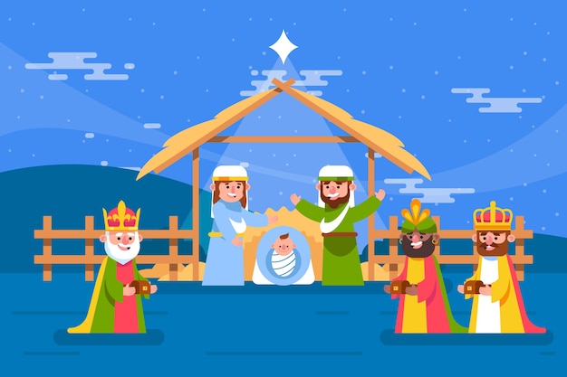 Flat illustration of reyes magos arriving to the nativity scene