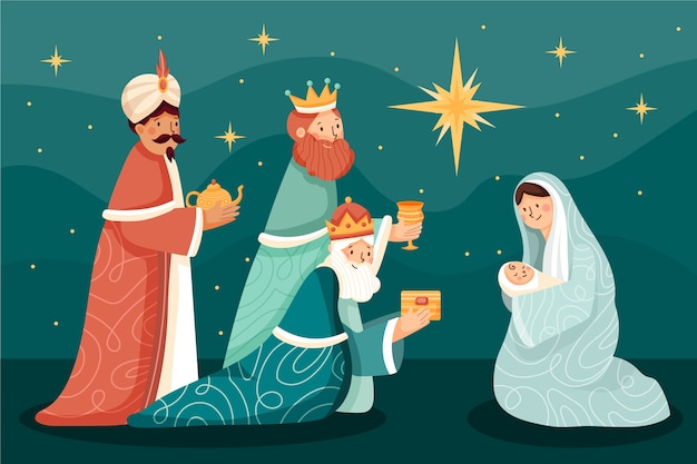 Flat illustration of reyes magos arriving to the nativity scene