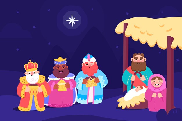 Flat illustration of reyes magos arriving to the nativity scene