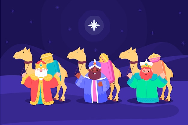 Flat illustration of reyes magos arriving to the nativity scene