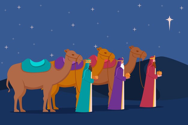 Flat illustration of reyes magos arriving to the nativity scene