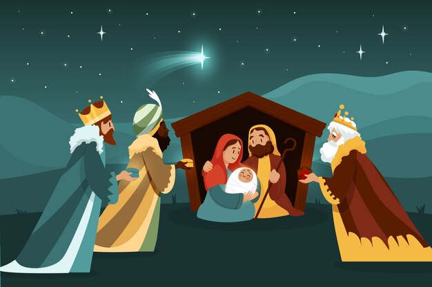 Flat illustration of reyes magos arriving to the nativity scene