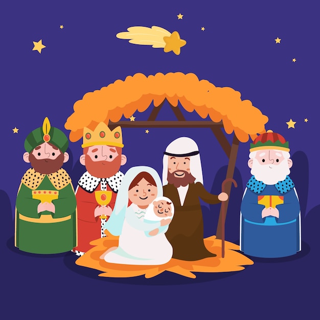 Flat illustration of reyes magos arriving to the nativity scene