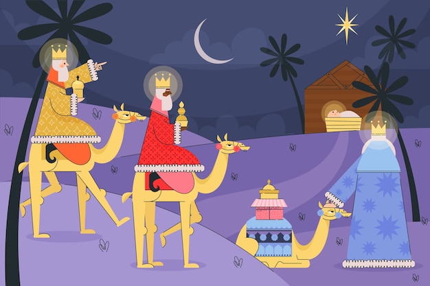 Free Vector flat illustration of reyes magos arriving to the nativity scene