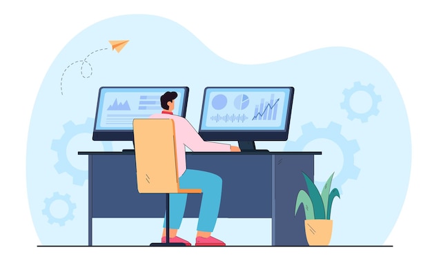 Free Vector flat illustration of stock trader working on computer with graphs. man investor using pc analyzing charts diagrams on exchange market. finances, cryptocurrency, investing