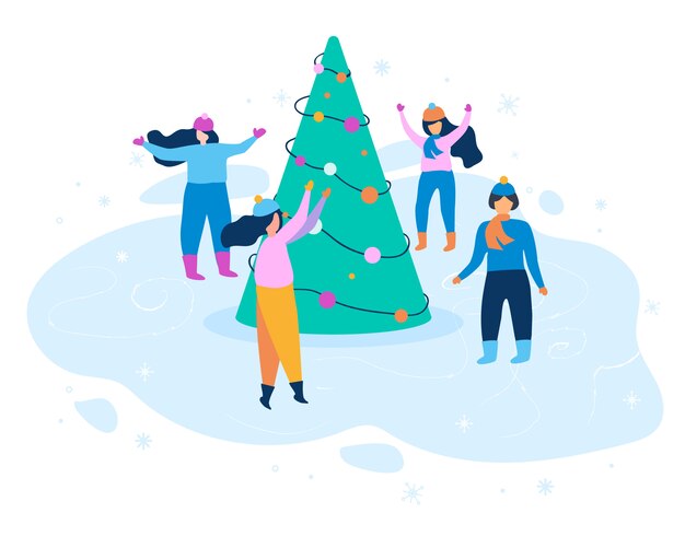 Flat Illustration Woman in Winter Clothes Dancing.