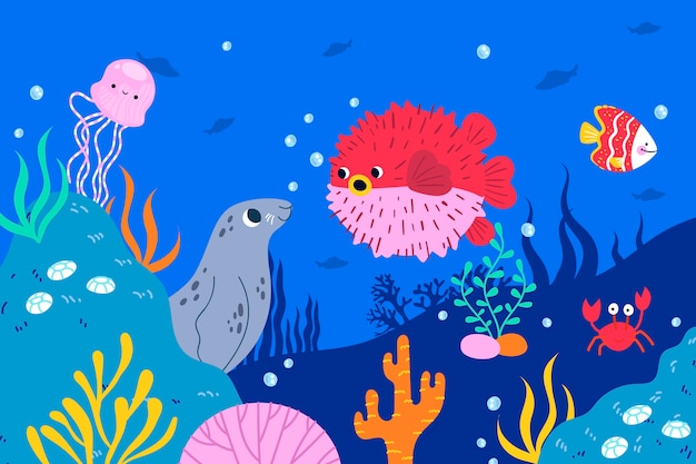 Flat illustration for world oceans day with oceanic life