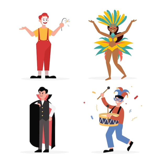 Flat illustrations of carnival characters wearing costumes