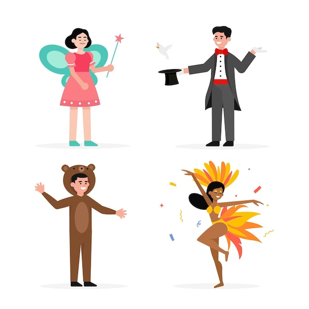 Flat illustrations of carnival characters wearing costumes