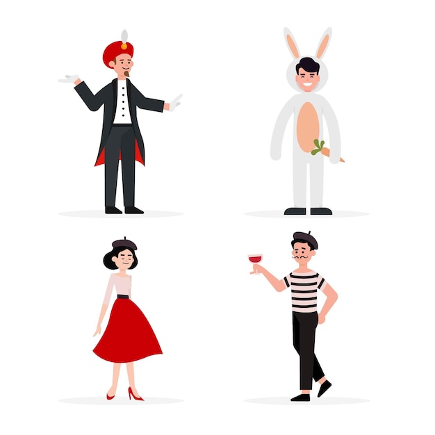 Flat illustrations of carnival characters wearing costumes